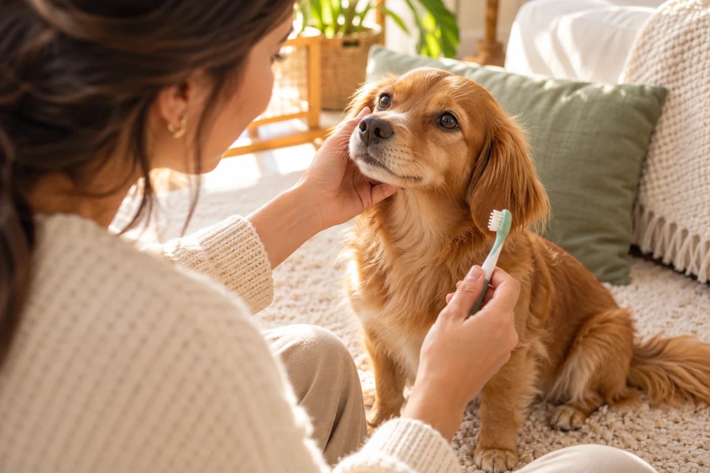 Cachorro tranquilo recebendo carinho de sua tutora